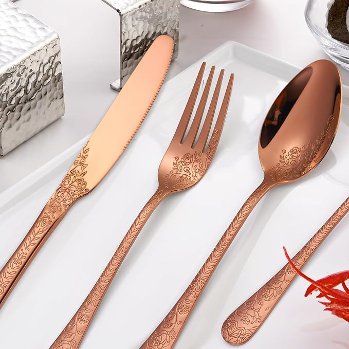 Vintage Flatware Copper/Rose Gold Floral Silverware 30 Piece Stainless Steel Set for 6 Cutlery Utensils Unique Embossed Pattern Design Elegant Home Kitchen Restaurant Festival Parties