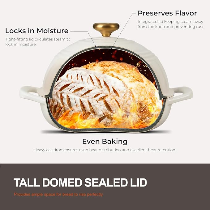 Overmont Enameled Cast Iron Dutch Oven, 6QT Bread Oven with Dome Lid Recipe | Tall Bread Pot with Potholders, for Sourdough Bread Baking Artisan Loaves, Crispy Crust & Better Oven Spring, 500°F Oven Safe