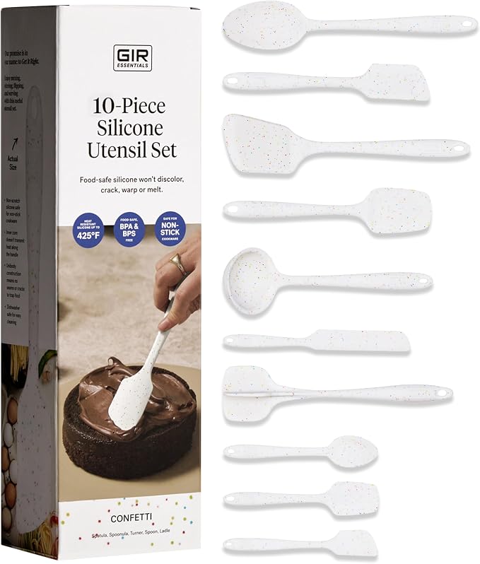 GIR: Get It Right 10-Piece Silicone Essentials Kitchen utensils set - Ladle, Spatula, Flip, Spoon & Spoonula - Non toxic cooking utensils for Nonstick Cookware, Cooking and Baking - Confetti
