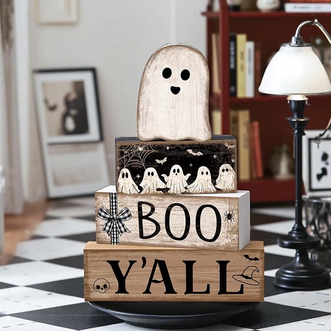 Lineshading 4 Pcs Halloween Table Decoration Wooden Ghost Tiered Tray Decor | Ghost Stackable Blocks Signs, Halloween Wooden Centerpiece with BOO YALL Signs, Rustic Home Decor for Tabletop Kitchen Shelf