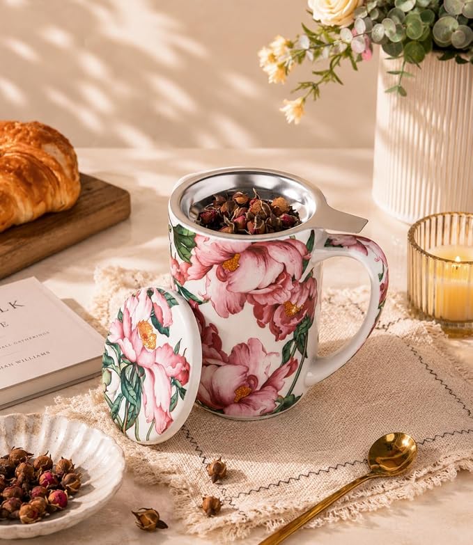 AmorArc Tea Cup With Infuser and Lid, 18oz Loose Leaf Tea Mug With Steeper | Porcelain Tea Mug With Infuser and Lid, Large Strainer Tea Cup with Lid for Tea, Coffee Mug for House-warming Birthday Gift