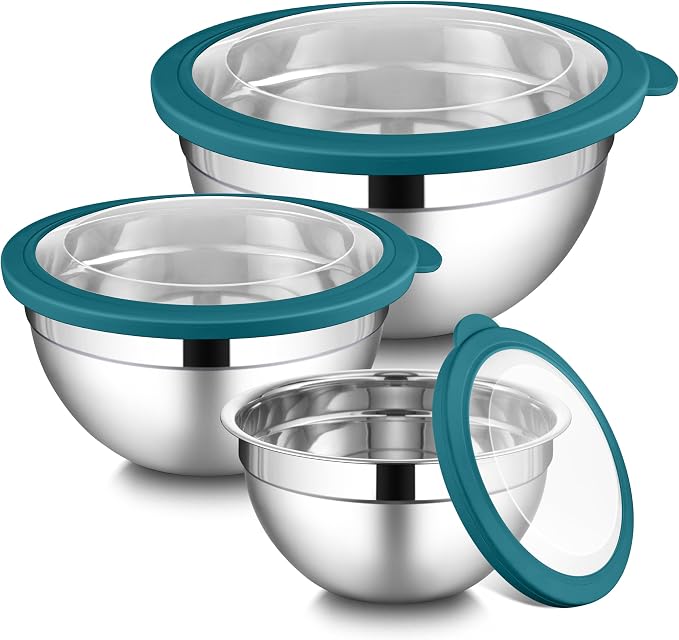 LIANYU Stainless Steel Metal Mixing Bowls, 3 Packs Nesting Bowl with Lid | Deep Bowls Set for Baking Cooking and Prepping, 4.6 & 3 & 1.5QT Large and Small Size, Include Visible & Airtight Lid, Blue