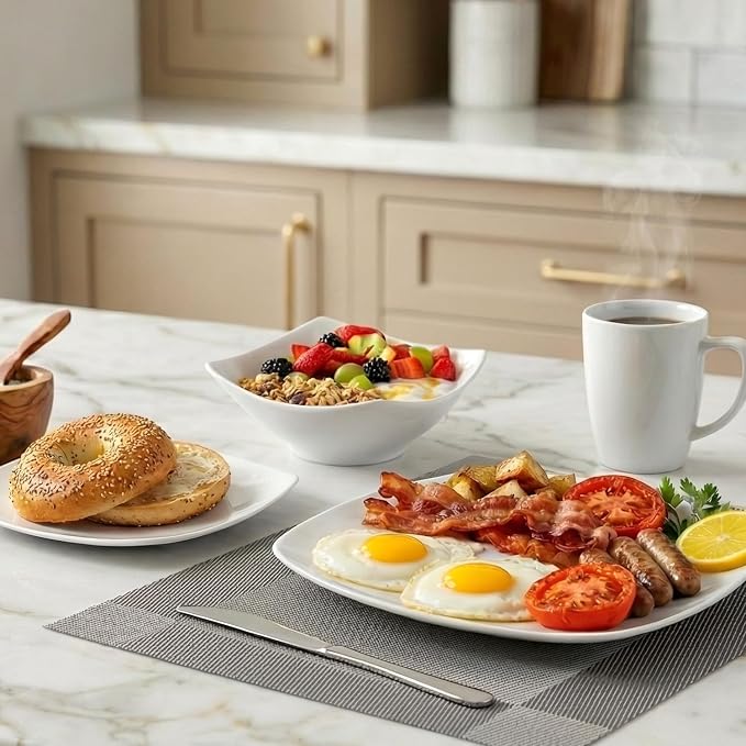 Zulay Kitchen Luna Plates and Bowls Sets, 16 Piece Modern Porcelain Dish Set for 4, Chip and Scratch Resistant Square Dinnerware Set, Microwave and Dishwasher Safe, Pearl White