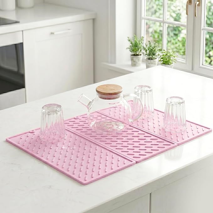 Pink Silicone Dish Drying Mat for Kitchen Counter, Collapsible Trifold Large Dish Drainer Mat, Drying Mat with Hook, 24x16In Non-Slip Silicone Sink Mat, Easy to Clean