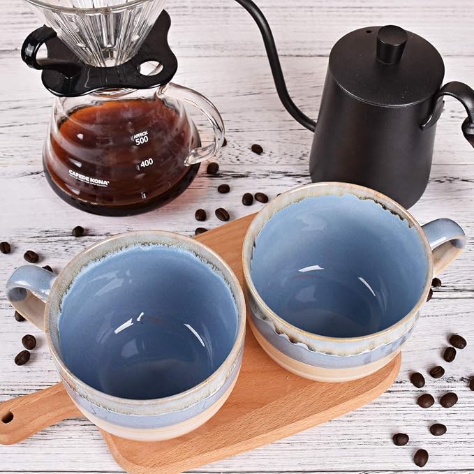 Bosmarlin Large Ceramic Coffee Mug Set of 2, Stoneware Jumbo Latte Mugs for Office and Home, 16 Oz, Dishwasher and Microwave Safe(Blue, 2)