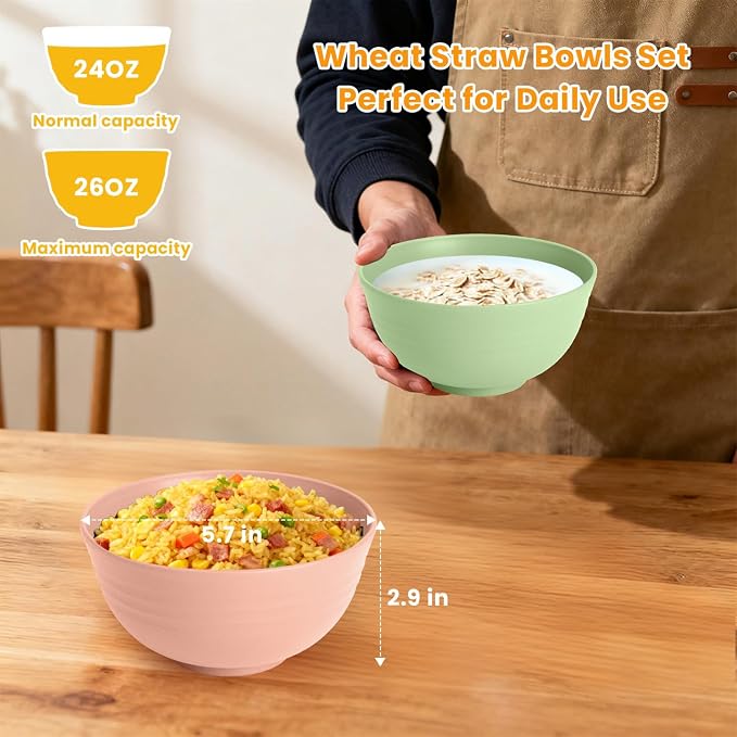Wheat Straw Bowls, Unbreakable Cereal Bowls Microwave Safe, 8 PCS Lightweight Stackable Snack & Soup Bowls for Kitchen, Camping, Party, Dishwasher Safe Plastic Bowl Alternative (Light, 26oz)