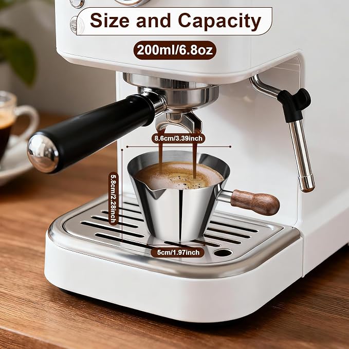 Amrules 6.8oz Espresso Measuring Cup with Wood Handle & Double Spout,Silver | 18/8 Stainless Steel & Wood Handle, V-Shaped Spout for Precision Pouring, Clear Scale Markings, for Coffee, Milk, Tea & Syrup