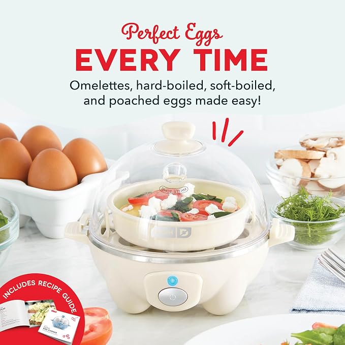 Dash Rapid Egg Cooker, 7 Hard Boiled Eggs, Cream | Electric Egg Poacher, Boiler, Steamer & Omelette Maker Machine, Soft or Poached Eggs for Breakfast, Auto Shut-Off, BPA-Free