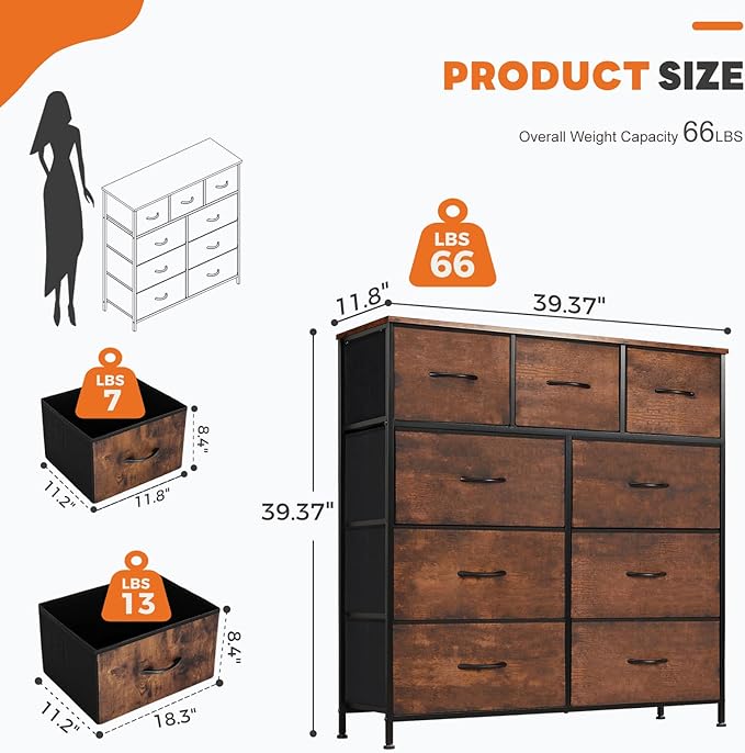 Sweetcrispy 9 Drawer Fabric Dresser Storage Tower Drawer Organizer, Brown | Sturdy Steel Frame with Wood-top, Easy-pull Handle, Space-Saving Organizer Chest for Bedroom, Closet, Lightweight and Stable