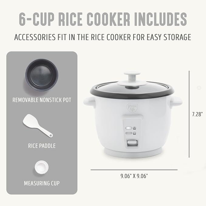 GreenLife Rice Cooker, 3-Cups Uncooked/6-Cups Cooked, White | PFAS-Free Ceramic Nonstick Removable Pot, One-Switch Design, Grains Multicooker, Keep Warm, Dishwasher Safe Parts, Easy Clean