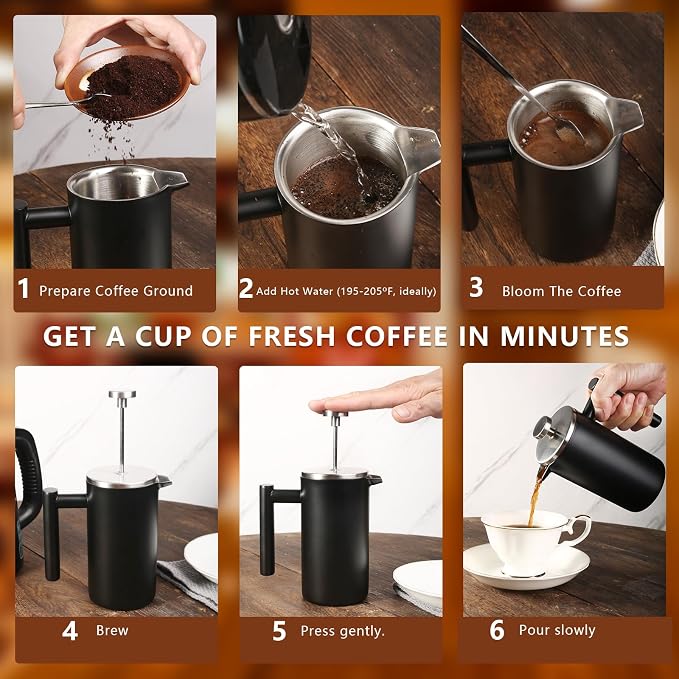 34 OZ Large French Press, Premium Stainless Steel French Press Coffee Maker | Sturdy Insulated French Coffee Press 4 - 8 Cups, Tea Presses for Home Kitchen Camping Travel Loose Tea, Elegant Black