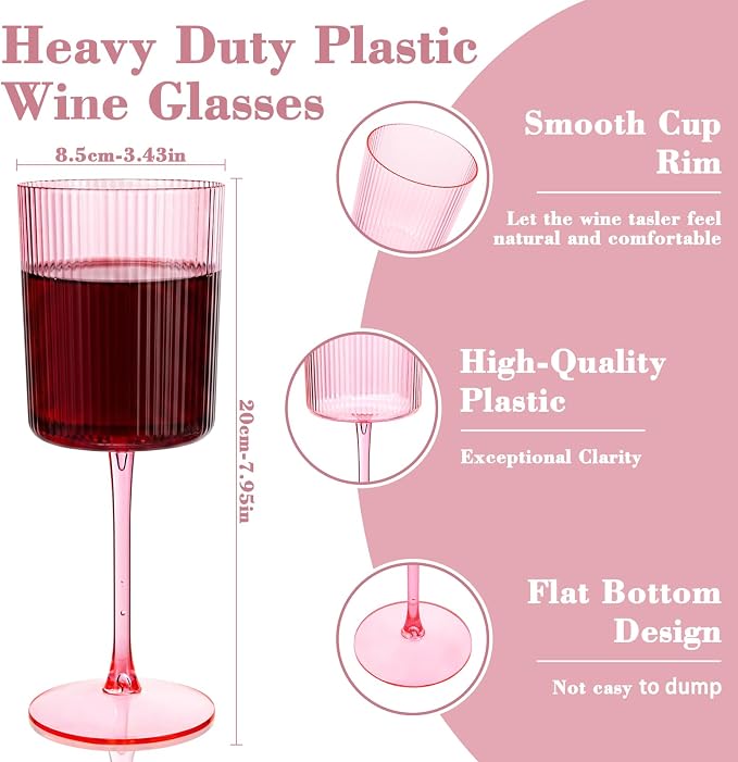 Ciaell 12 Pack Pink Plastic Wine Glasses for Weddings Outdoor Gatherings | 10 oz Pink Ribbed Square Stemmed Cups, Heavy Duty Plastic, Champagne Wine Cocktails Beverages for Parties Birthdays Dinners