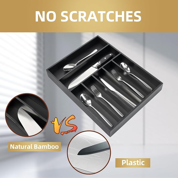 Besilord Silverware Organizer Kitchen Drawer Organizer Utensil Organizer Bamboo Silverware Holder Cutlery Organizer in Drawer Flatware Organizer Tray(7 slots, Black