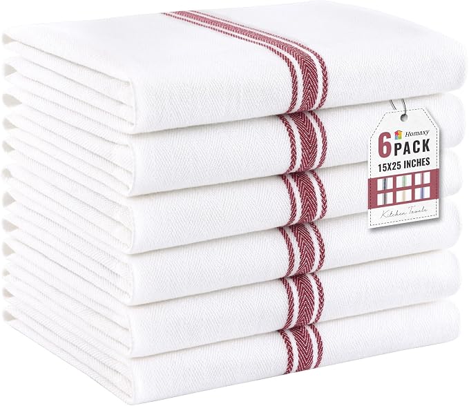 Homaxy 100% Ring Spun Cotton Kitchen Towels 6 Pack, Red Stripe | 15 x 25 Inch, Highly Absorbent Dish Towels for Kitchen Drying, Reusable Cleaning Cloths, Soft Tea Towels with Hanging Loop