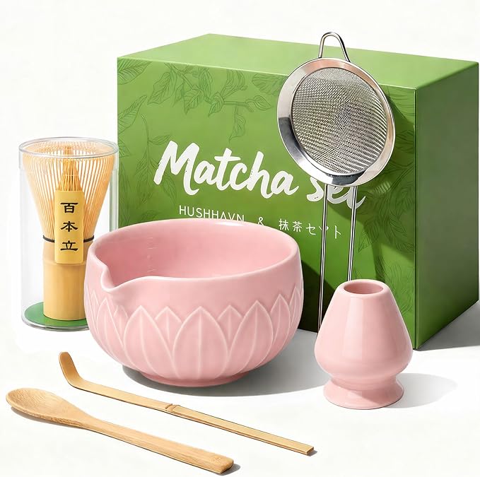Matcha Whisk Set, Ceramic Matcha Set Includes Bowl & Holder, Bamboo Whisk (Chasen), Scoop, Spoon and Sifter, 6Pcs Matcha Kit Covers Everything Needed for Making Matcha (Leaf Pink)