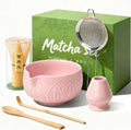 Matcha Whisk Set, Ceramic Matcha Set Includes Bowl & Holder, Bamboo Whisk (Chasen), Scoop, Spoon and Sifter, 6Pcs Matcha Kit Covers Everything Needed for Making Matcha (Leaf Pink)