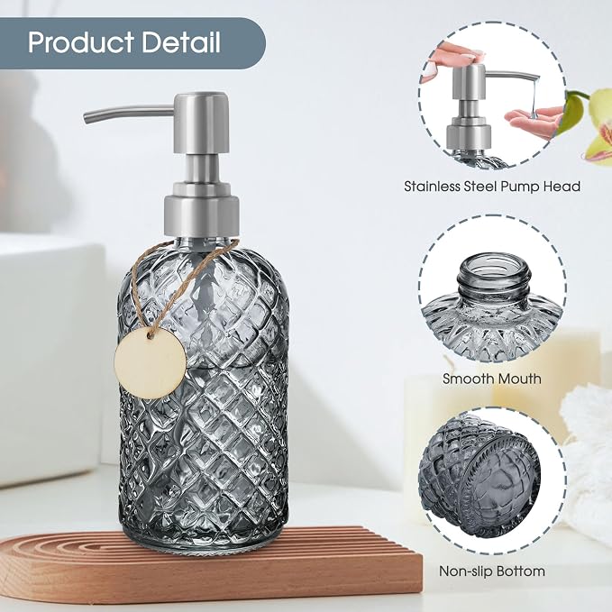 Gem-Patterned Glass Soap Dispenser with Rust Proof Stainless Steel Pump-13 oz Liquid Hand Soap Dispenser for Kitchen & Bathroom,Great for Lotions, Essential Oil, Liquid Soaps-Gray