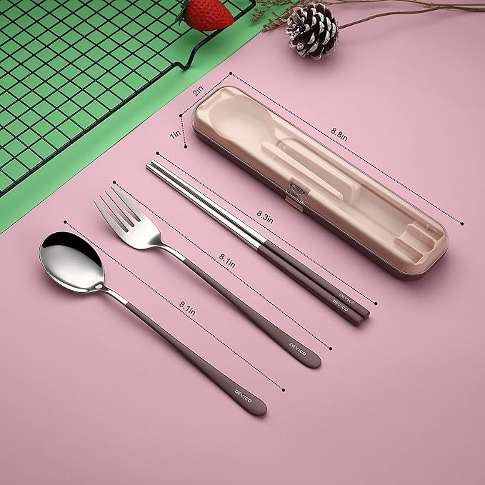 DEVICO Travel Utensils with Case, 18/8 Stainless Steel Silverware for Lunch | 4Pcs Portable Reusable Travel Cutlery Set, Korean Chopsticks Fork and Spoon Set for Camping/Picnic/Work/Gadgets/School, Brown