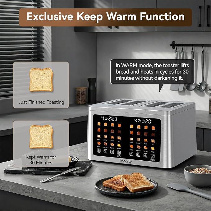 Mecity 4 Slice Toaster Wide Slot, Auto Lift Keep Warm Smart Toaster with Touch Screen, Dual Control Panel, Defrost, Auto Shut Off Digital Toasters for Bagel Muffin Waffle Gluten Free Breads 1700W 120V