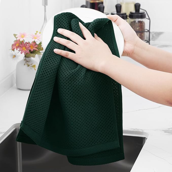 Homaxy 100% Cotton Waffle Weave Kitchen Dish Towels 18-Pack, Blackish Green | 13 x 28 Inches, Ultra Soft Absorbent Dish Towels, Quick Drying Cleaning Towels