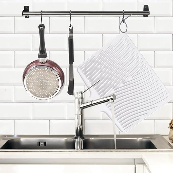 TIKNIK Silicone Dish Drying Mat for Kitchen Counter, White-2pcs, 20" x 15" | Heat Resistant & Non-Slip Dish Drain Pad with Built-In Drain, Dishwasher Safe, Quick-Dry, Hangable & Roll-Up for Storage