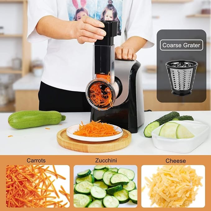 Electric Cheese Grater Slicer Shredder Salad Maker for Kitchen 150W 5-in-1 | Slices shreds grates cheese carrot potato cucumber nuts, 5 stainless steel cones,for salad pizza soup tacos,one-touch control