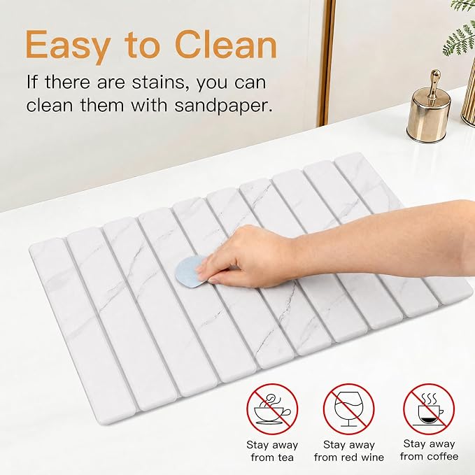 Stone Dish Drying Mat for Kitchen - Diatomaceous Earth Drying Mats | White Marble Pattern, Counter Mats Quick Dry, Foldable Design, Super Absorbent, (24"×16"/ 8"x4" / 1 Drain Rack) for Dishes