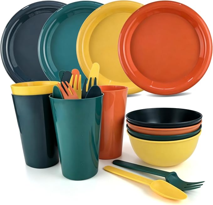 Plastic Plates and Bowls Sets Dinnerware Set Dishes Set for 4,College Dorm Room Essentials,Camping Plates and Bowls with Tumbler,Knives,Forks and Spoons,Mess Kit,Microwave Safe,BPA Free-Multicolor