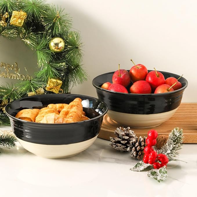 HASENSE Large Porcelain Serving Bowls Set of 2, 60 Oz 8.5 Inch Black & Beige Stoneware Mixing Bowls, Farmhouse Bowls for Salad, Soup & Pasta, Dishwasher & Microwave Safe
