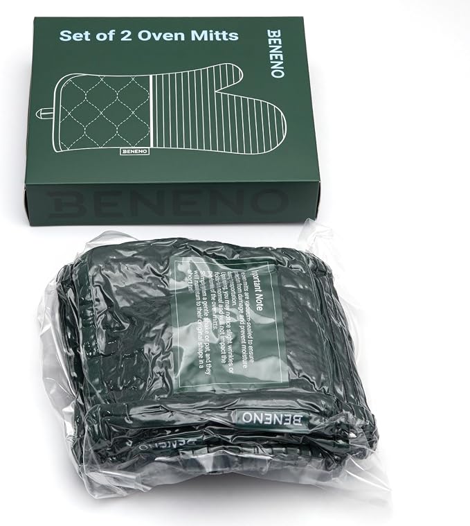 Beneno Heat Resistant 500°F Kitchen Oven Mitts 2-Pack, 7.5"x14.3", Green | Textured Non-Slip Silicone Grip, Extra Long Forearm Protection, Soft Quilted Cotton Terry Lining, Ideal for Baking & Grilling