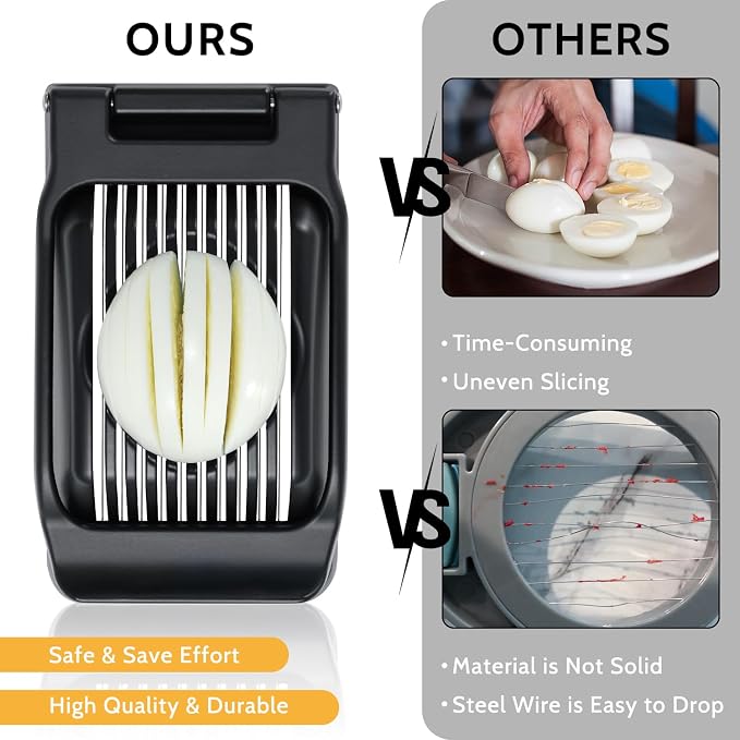Egg Slicer for Hard Boiled Eggs & Strawberry Soft Foods, Heavy Duty, Black | Stainless Steel Wires, Not Bend & Rust, All Metal, Fast & Uniform Slice, Multipurpose, Time-Saving for Cooking, Meal Prep