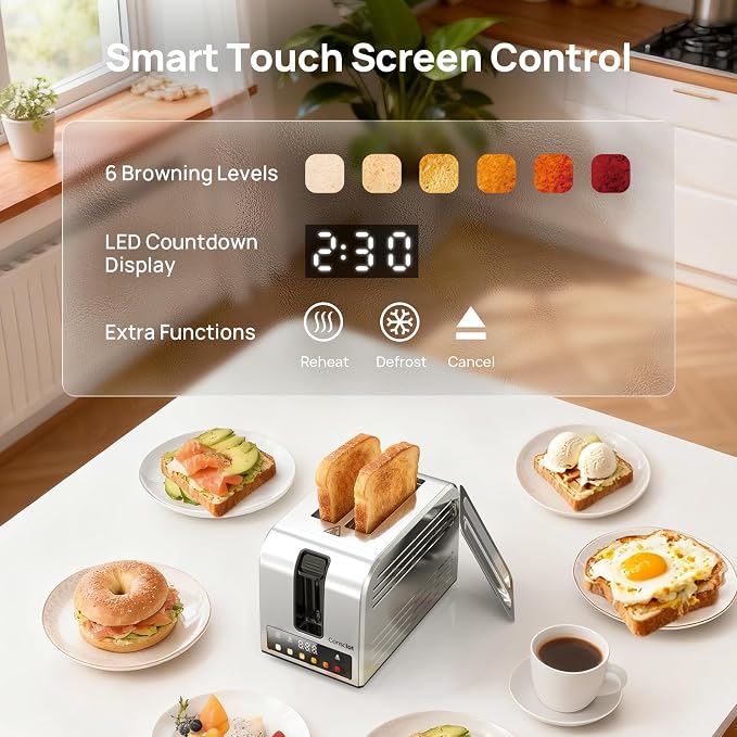 Consciot Smart Touch Screen 2 Slice Toasters with 6 Browning Levels, Timer | Reheat/Defrost/Cancel, Extra-Wide Slots, Removable Crumb Tray, Auto Pop-up & Anti Jam, Peak 925W, Full Stainless Steel Body