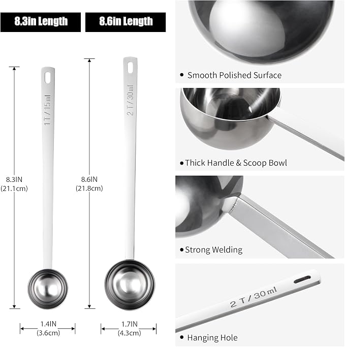 Doosu Metal 6.9in Long Handle Coffee Scoop for Ground Coffee (1 & 2 Tbsp) | Food-Grade 18/8 Stainless Steel Measuring Spoon, Tablespoon Scooper for Coffee Beans, Espresso, Protein Powders, Tea, Sugar