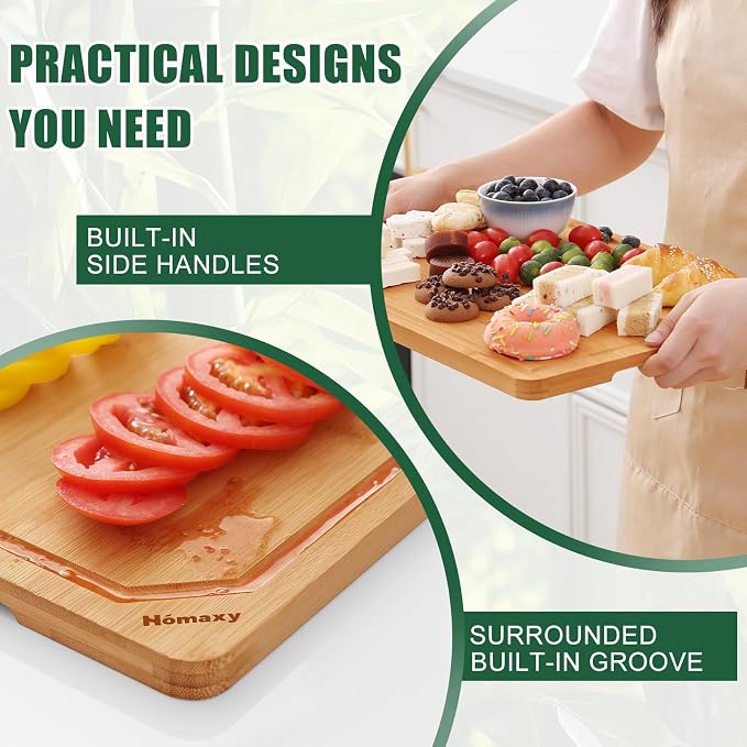Homaxy Organic Bamboo Cutting Boards Set for Kitchen Set of 3 | Wooden Cutting Board Set with Juice Groove and Handles, Charcuterie Butcher Block Serving & Chopping Board, Pre Oiled