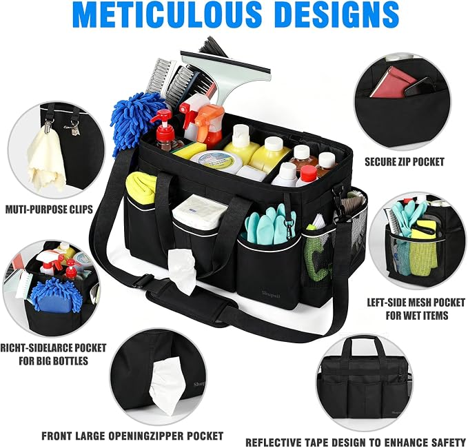 Extra Large Cleaning Caddy Bag with 4 Foldable Dividers, Wearable Cleaning Caddy Organizer with Handle & Shoulder Strap & Waist Strap, Housekeeping Tote for Cleaners, Black