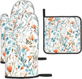 Teal Orange Watercolor Floral Oven Mitts and Pot Holders Sets of 3, Heat Resistant Non-Slip Washable, Chef Cooking Baking Gifts for Women Bakers, Burnt Orange Blue Green Flowers Charming Kitchen Decor