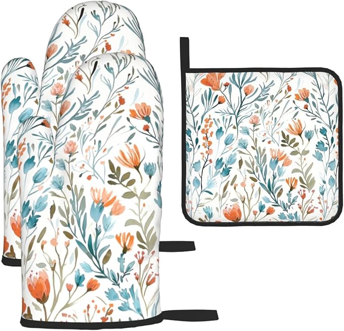 Teal Orange Watercolor Floral Oven Mitts and Pot Holders Sets of 3, Heat Resistant Non-Slip Washable, Chef Cooking Baking Gifts for Women Bakers, Burnt Orange Blue Green Flowers Charming Kitchen Decor