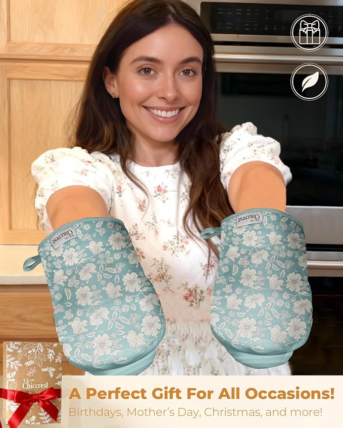 100% Thick Cotton Mini Oven Mitts Silicone Grip Chic Blue Floral | Elegant Classic Oven Mitts for Women, Machine Washable, Non-Slip, Reversible Design Fits Both Hands, Stylish Kitchen Decor