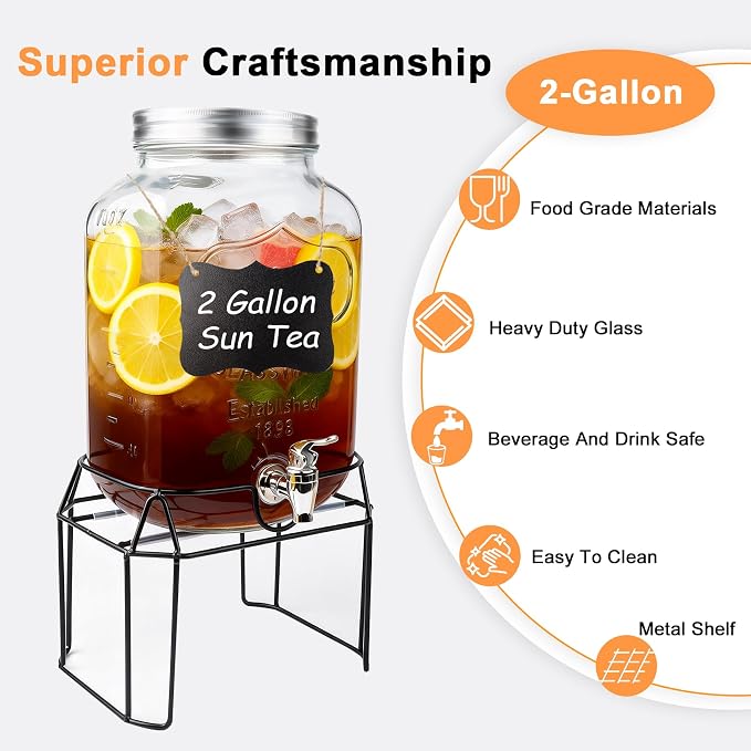 2 Gallon Glass Drink Dispensers For Parties,Beverage Dispenser with Stand,Fruit Infuser,Mason Jar Water Dispenser for Juice/Tea,Lemonade Dispenser for Parties,BPA Free Clear Water Pitcher with Spigot