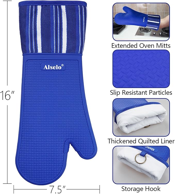 Alselo Silicone Oven Mitts Set, Heat Resistant 550 Degree,7.5"x16" | Extra Long Kitchen Mittens,Waterproof & Non-Silp Oven gloves for Baking Cooking Barbecue Microwave (Extra Long Navy, 2)