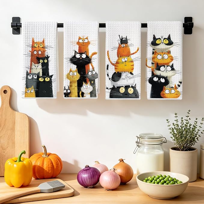 4 Pcs Cute Cat Kitchen Towels, Funny Cats Gifts Absorbent Hand Towels-05 | Cat Dish Cloths for Drying Dishes, Cats Waffle Dish Towels for Kitchen Home Bathroom Decor, Cat Lover Gifts for Women Mom