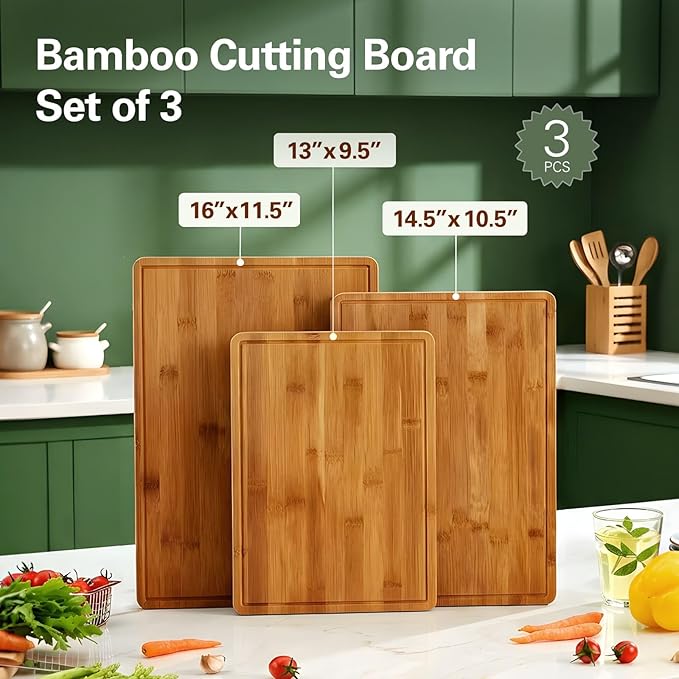 Zarler Bamboo Cutting Boards for Kitchen, Wood Cutting Board with Juice Grooves and Handles, Wooden Chopping Board Set for Meal Prep, 500℉ Carbonized Bamboo, XL Size, Ideal Kitchen Gift