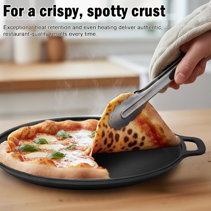 13.8 Inch Cast Iron Pizza Pan - Round Comal for Even Heating - Works on Oven, Grill & Campfire, Heavy-Duty Cast Iron Pizza Stone with Dual Handles