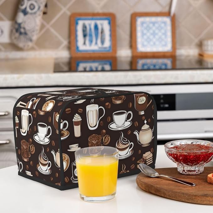 Toaster Cover 2 Slice with Coffee Pattern Dustproof Bread Maker Cover Fingerprint Bakeware Protection Wide Slot Toaster Bag Reusable Kitchen Small Appliance Cover
