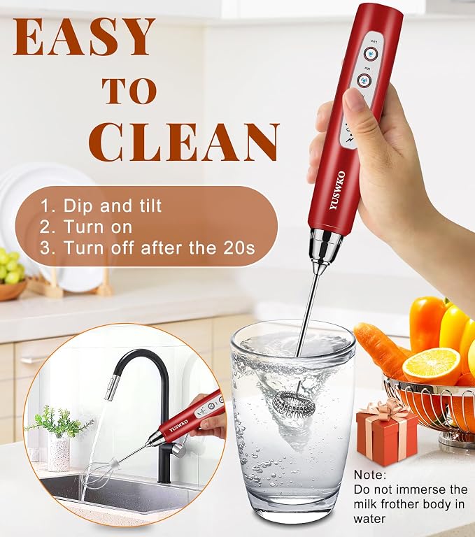 YUSWKO Handheld Milk Frother Wand for Coffee, Rechargeable Electric Whisk with 3 Heads 3 Speeds Drink Mixer Coffee Frother For Latte, Cappuccino, Hot Chocolate, Egg, Red with Holder