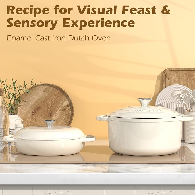 Enameled Cast Iron Dutch Oven - Umite Chef 5QT Pot with Lid & Cotton Potholders - Heavy-Duty Cookware for Bread Baking, Braising, Stews, Roasting(Cream White)