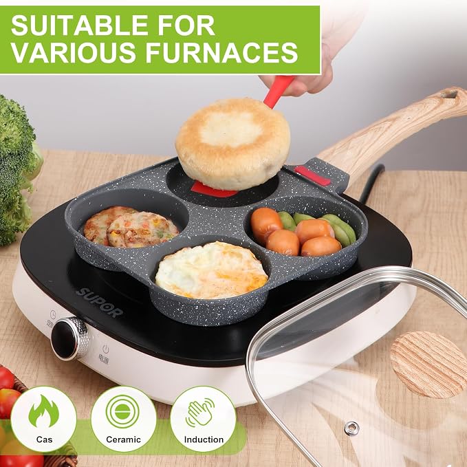 Egg Pan, Premium Egg Pans Nonstick, Omelette Pan with Lid , Healthy Egg Frying Pan for Breakfast, Egg Sandwich, Hamburger, Pancake, Egg Skillet Suitable for Gas Stove & Induction Cookware (Black)