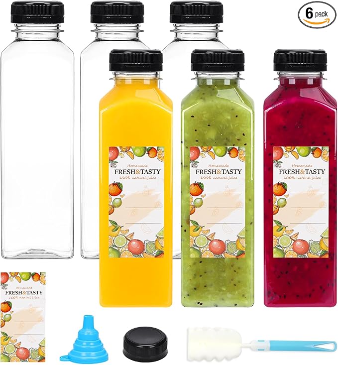 6pcs 16oz Plastic Juice Bottles with Caps, Sticker Labels, Brush | Reusable Clear Juice Bottles with Caps and Labels, Funnel, Brush Beverage Containers for Juicing, Smoothies, Tea, Milk