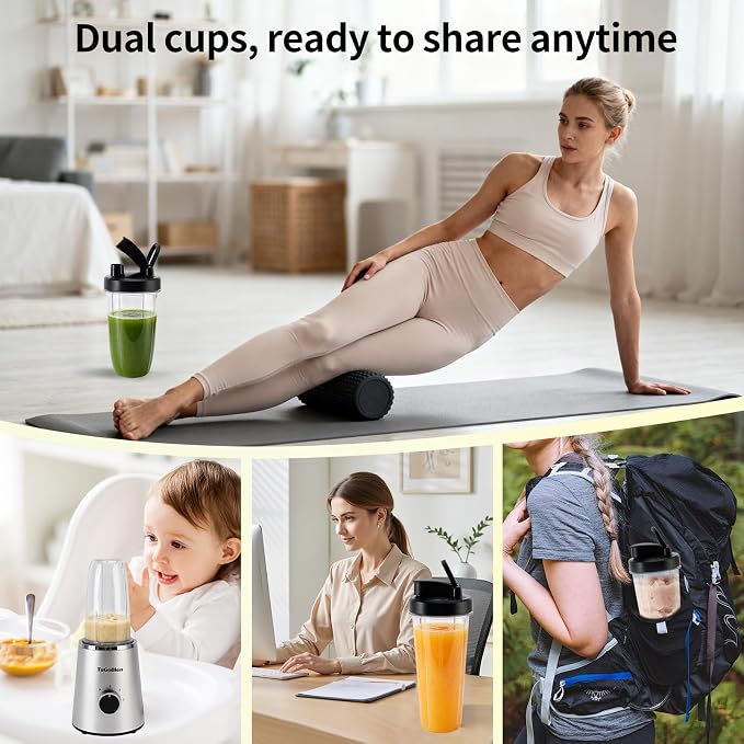 TuGoBlend Mini Blender with 2 Portable Cups (20oz + 13.5oz), 4-Blade Stainless Steel Blade Base, Personal Blender for Smoothies, Shakes, Juices, BPA-Free for Home, Office, Gym & Travel