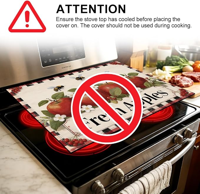 Fresh Apples Stove Top Cover, Buffalo Plaid Farmhouse, 28x20 in | Vintage Fresh Apples sign with bees on buffalo plaid border; non-slip mat; protects glass and electric cooktops; 28x20 in